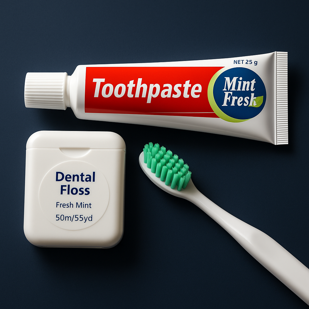 Dental care essentials: toothpaste, dental floss, and toothbrush